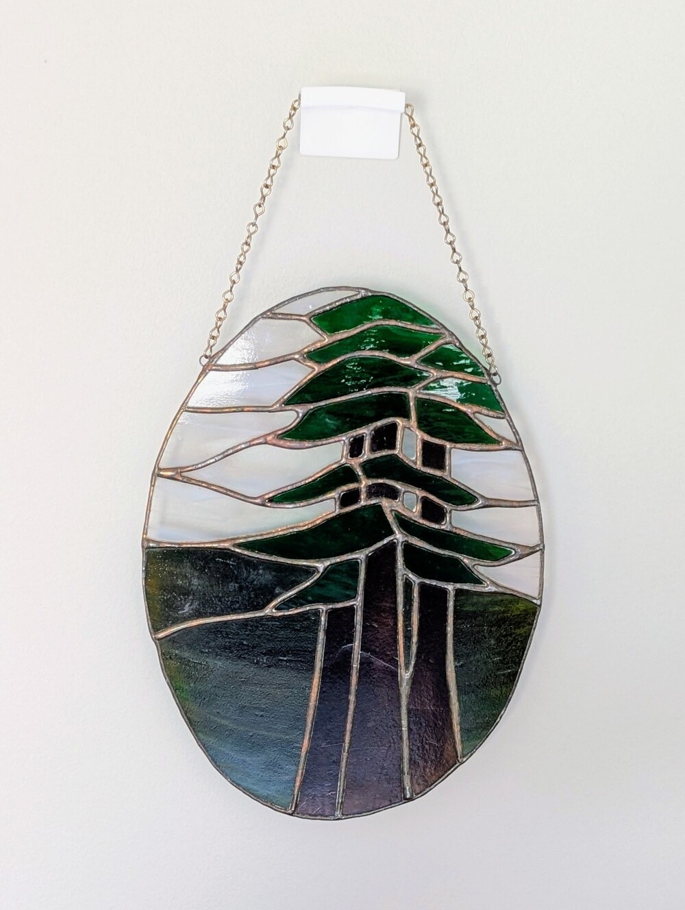 Vintage Stained Glass Forrest Tree Window Hanging Panel Suncatcher 10"x7"